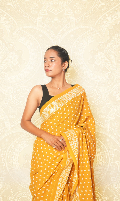 Golden Yellow & White Dots Mulmul Cotton Saree With Blouse Piece