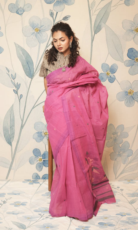 Pink Cotton Jamdani Saree