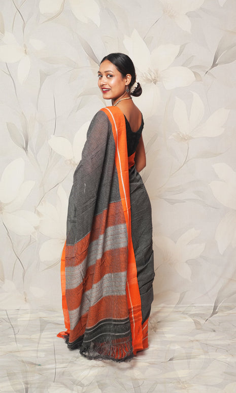 Earthy Black And Orange Patteda Anchu Cotton Saree