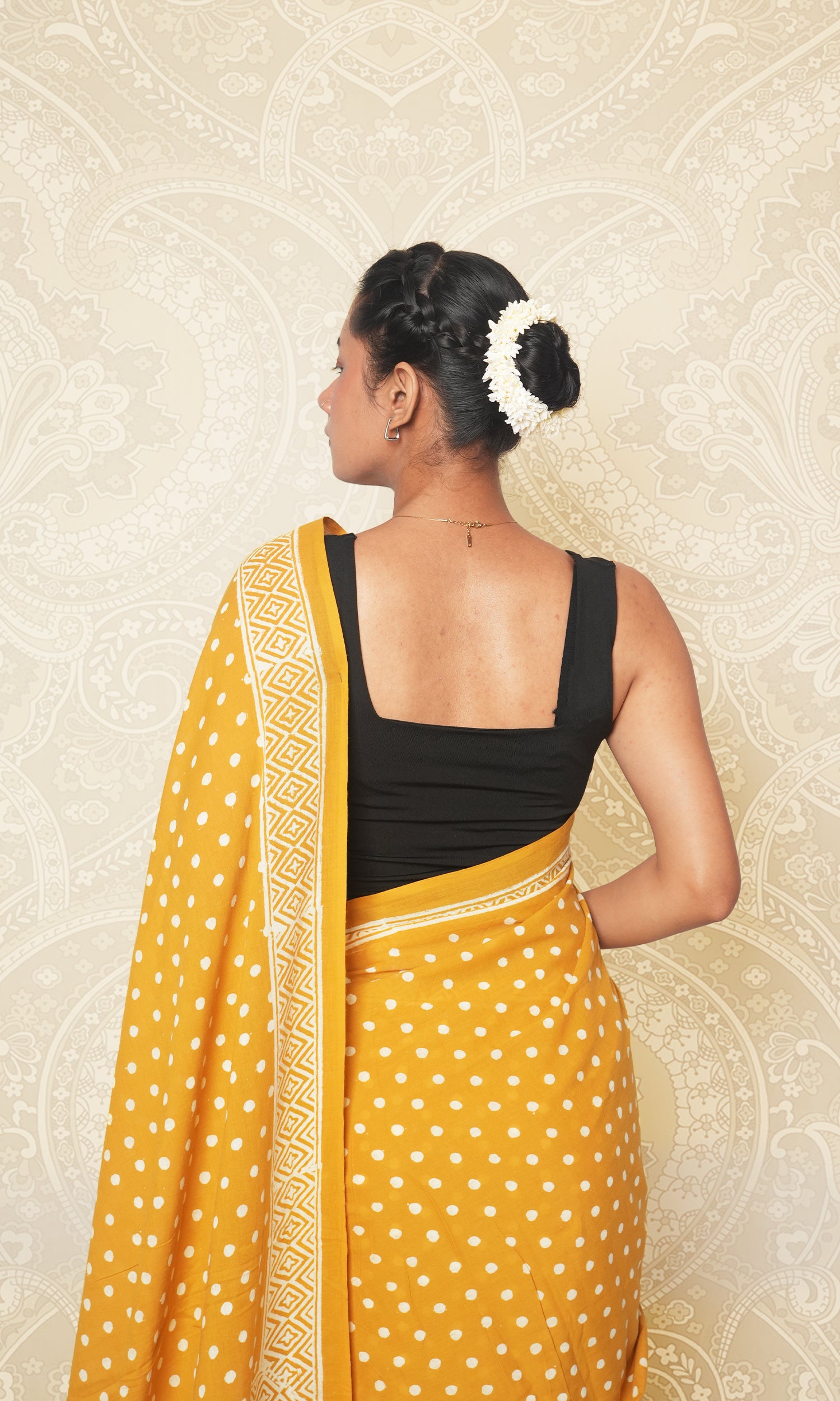 Golden Yellow & White Dots Mulmul Cotton Saree With Blouse Piece