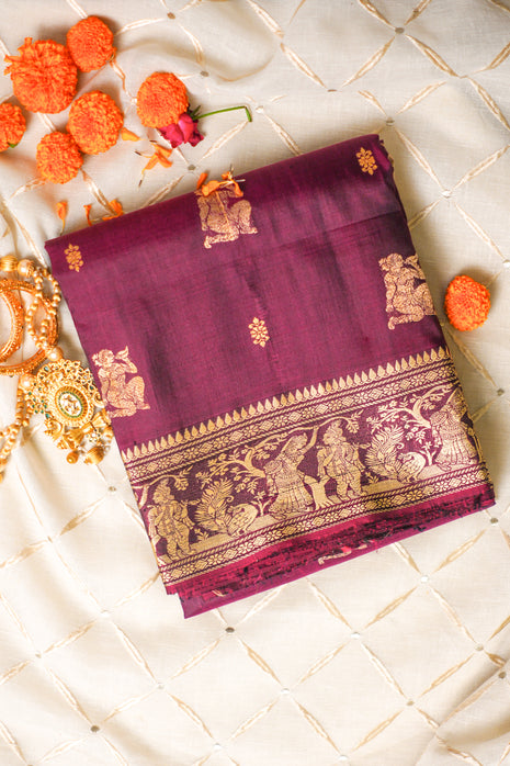 Dull Maroon With Gold Thread Work Baluchari Silk Saree