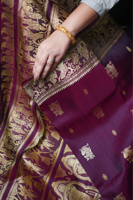 Dull Maroon With Gold Thread Work Baluchari Silk Saree