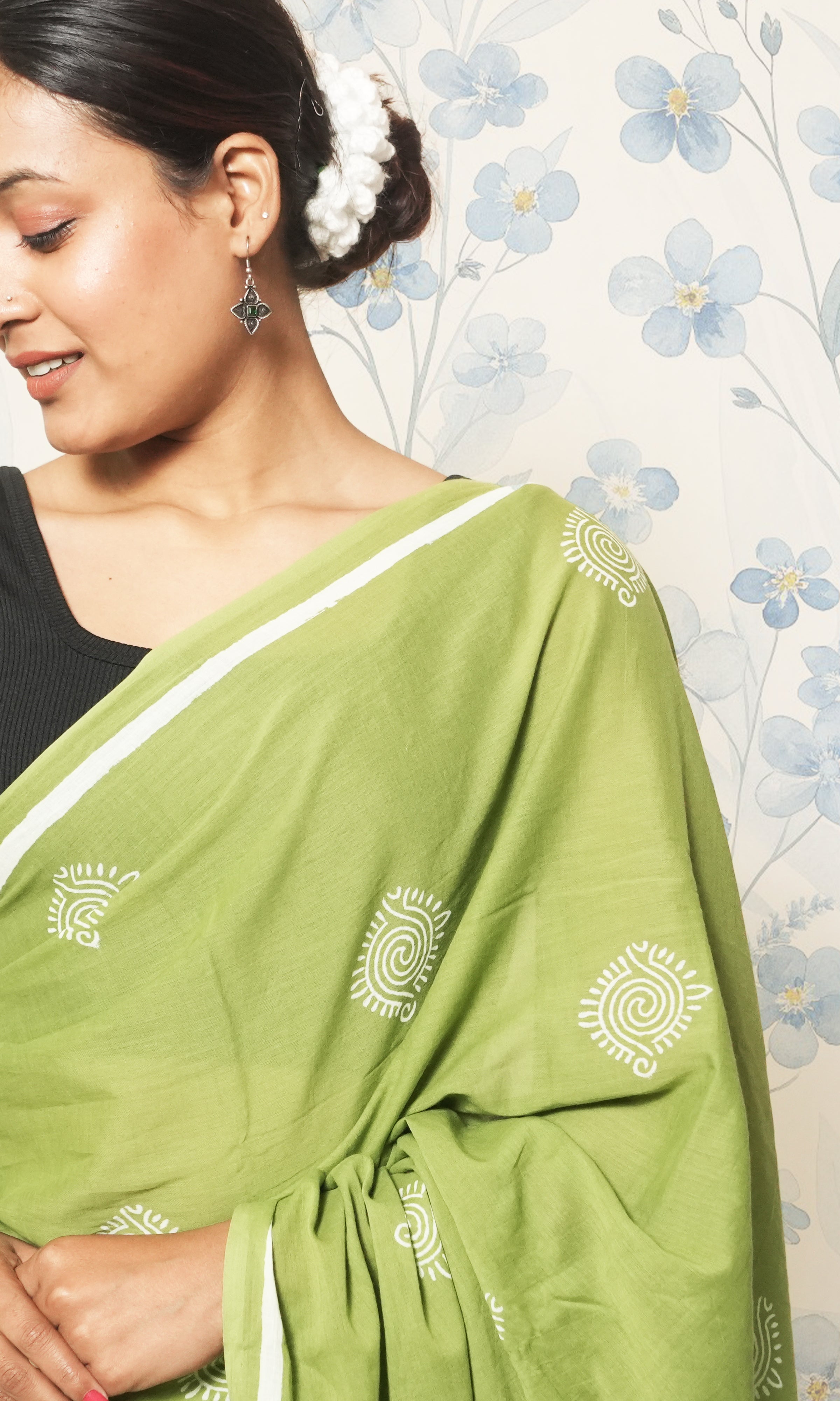 Green  Block Print Cotton Mulmul Saree And Yellow Blouse
