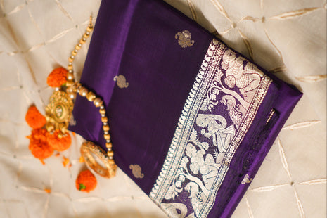 Deep Violet  With White Thread Work Baluchari Silk Saree