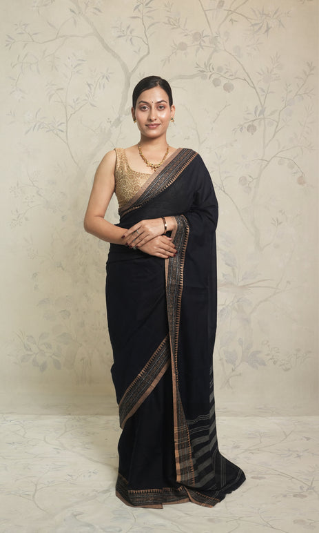 Black And Cream Dhonekhali Cotton Saree