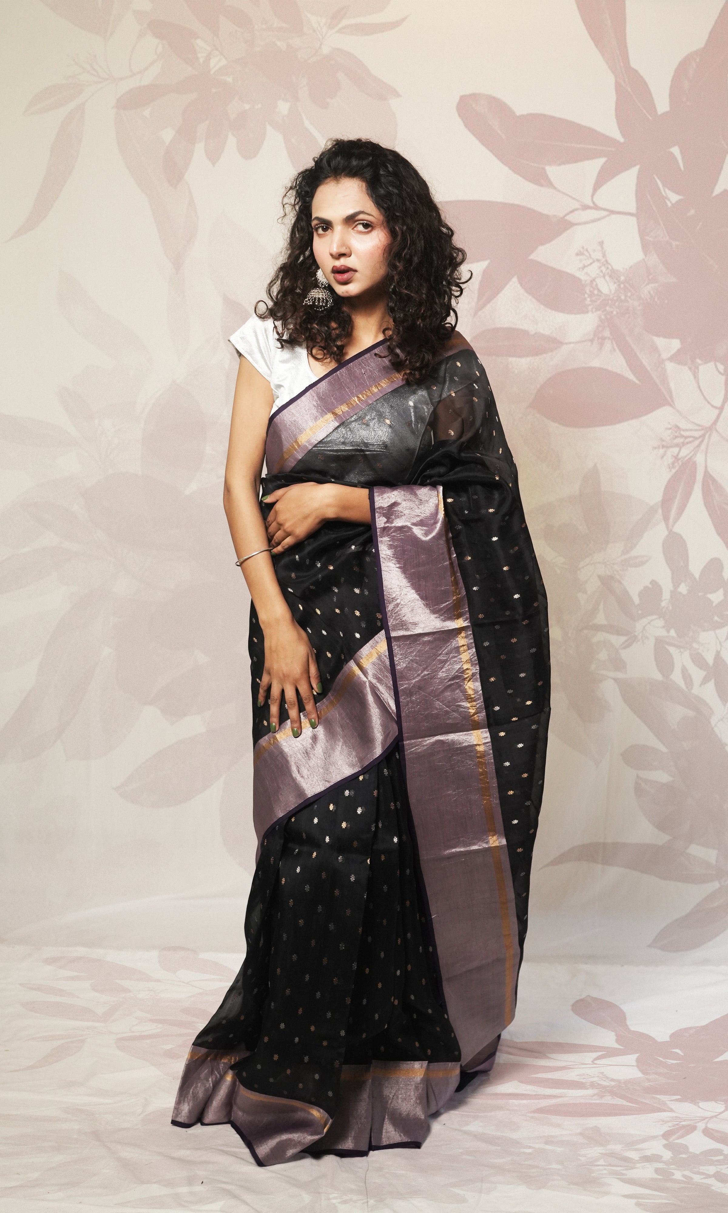 Black  Chanderi Silk Saree With Mauve Silver Border
