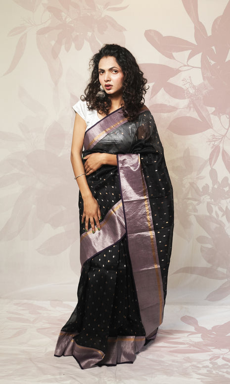 Black  Chanderi Silk Saree With Mauve Silver Border