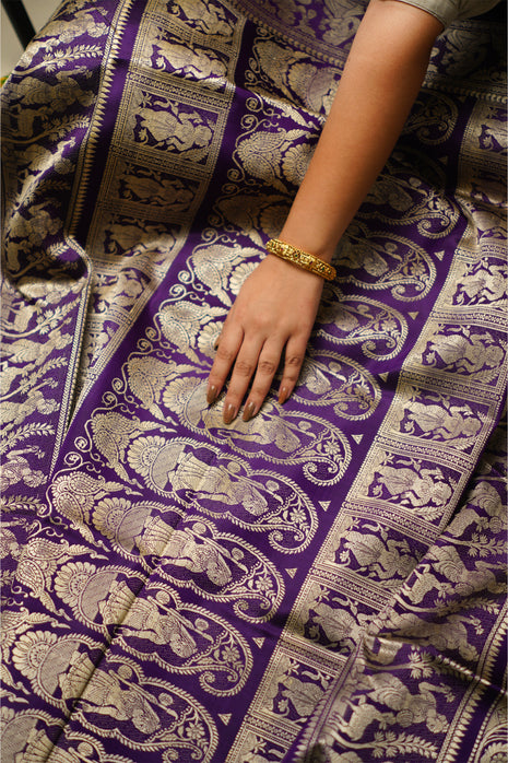 Deep Violet  With White Thread Work Baluchari Silk Saree