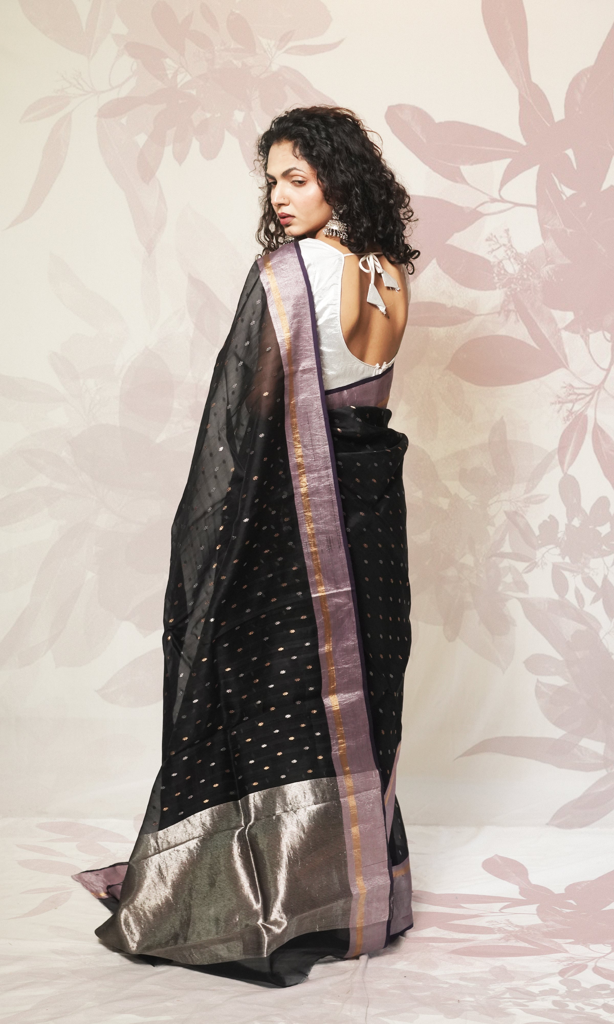 Black  Chanderi Silk Saree With Mauve Silver Border