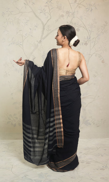 Black And Cream Dhonekhali Cotton Saree