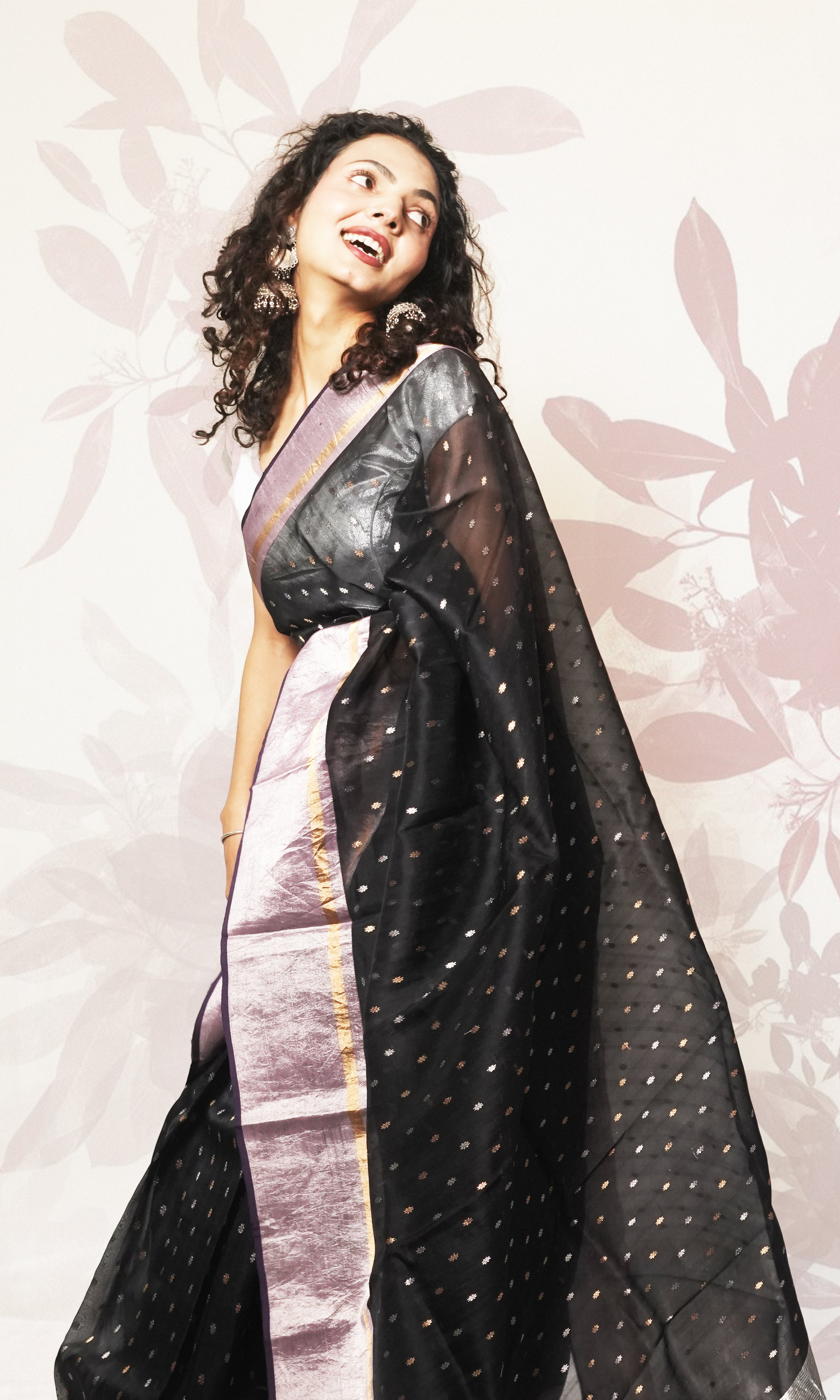 Black  Chanderi Silk Saree With Mauve Silver Border