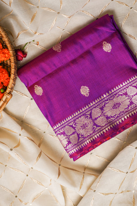 Bright Purple With Gold Thread Work Baluchari Silk Saree