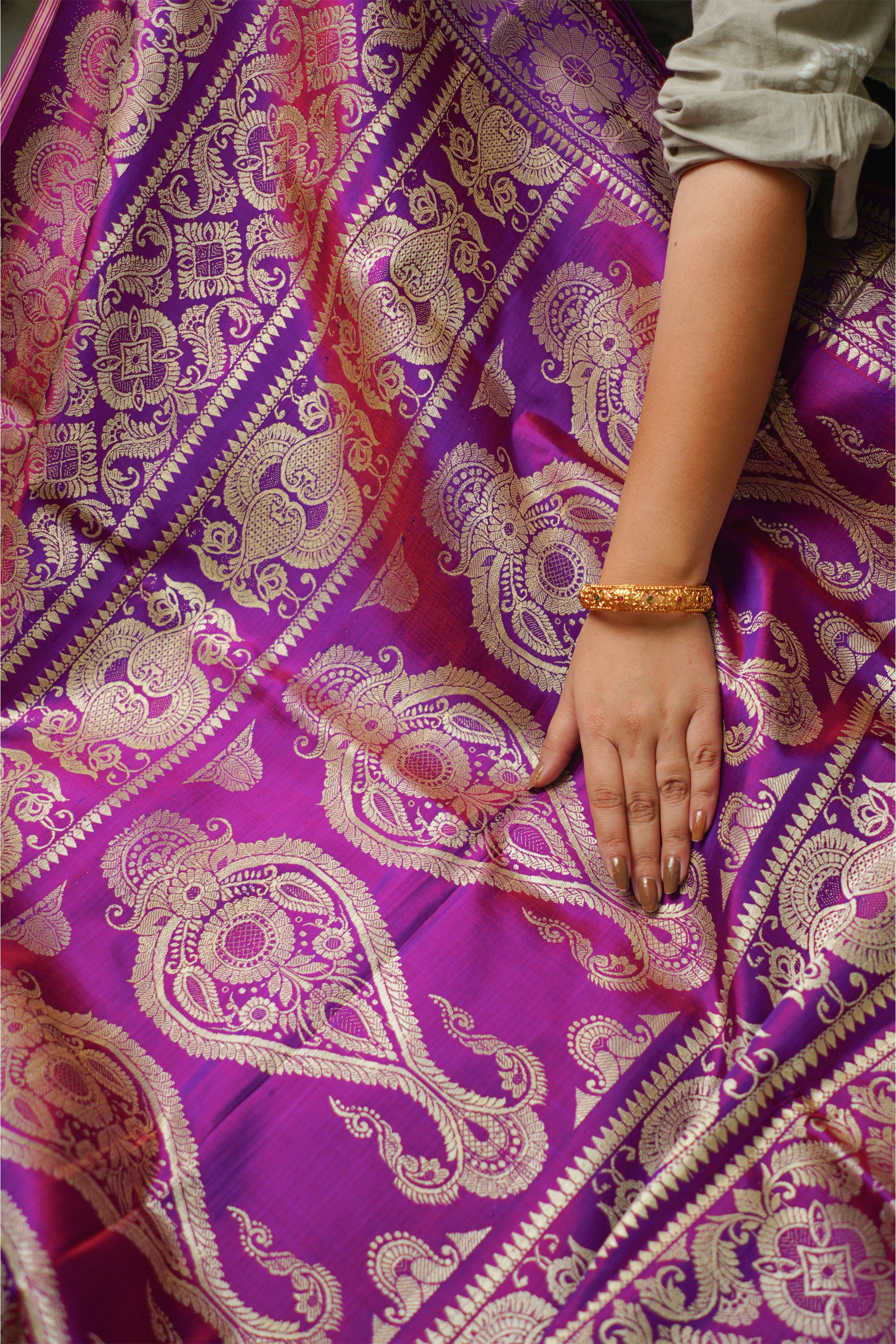 Bright Purple With Gold Thread Work Baluchari Silk Saree