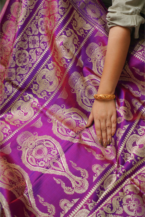 Bright Purple With Gold Thread Work Baluchari Silk Saree