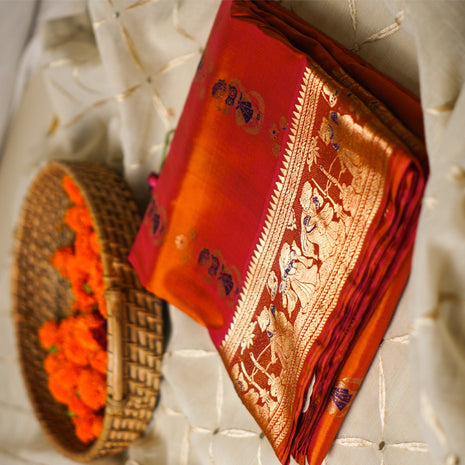 Deep Orange With Zari Work Swarnachari Silk  Saree