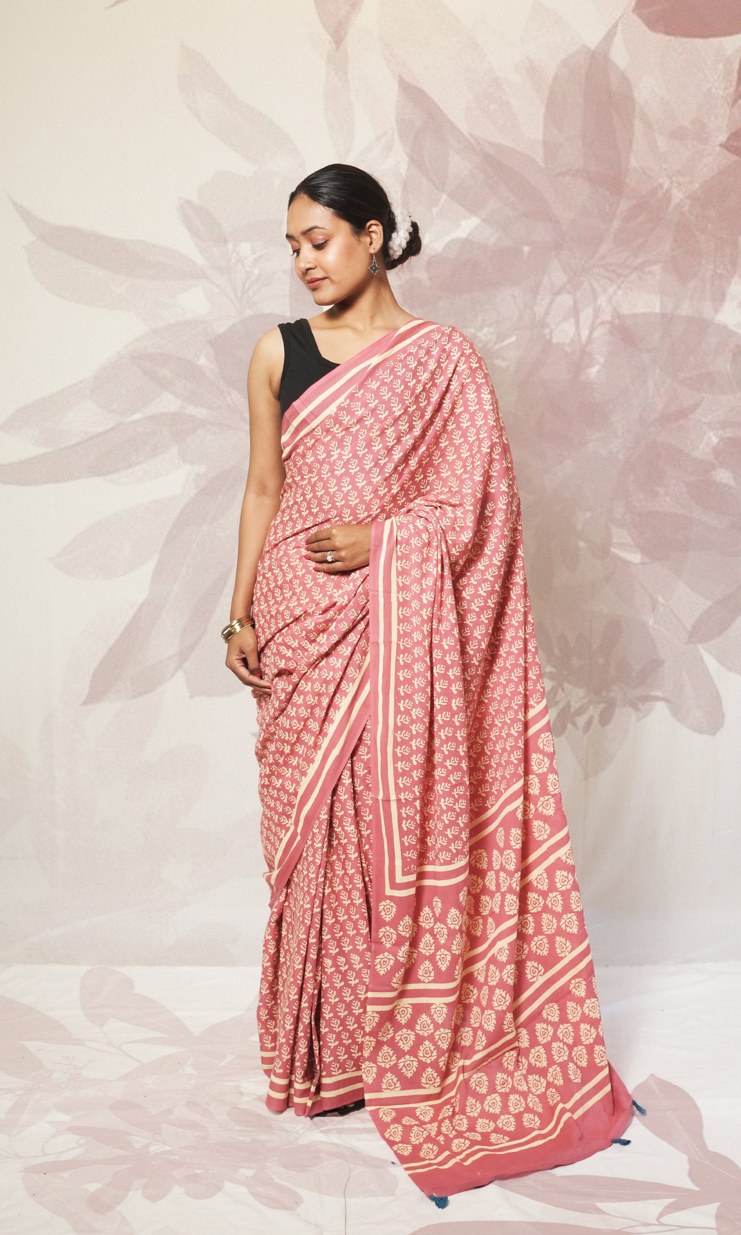 Light Pink Block Print Cotton Mulmul Saree And Blue Blouse