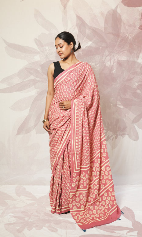 Light Pink Block Print Cotton Mulmul Saree And Blue Blouse