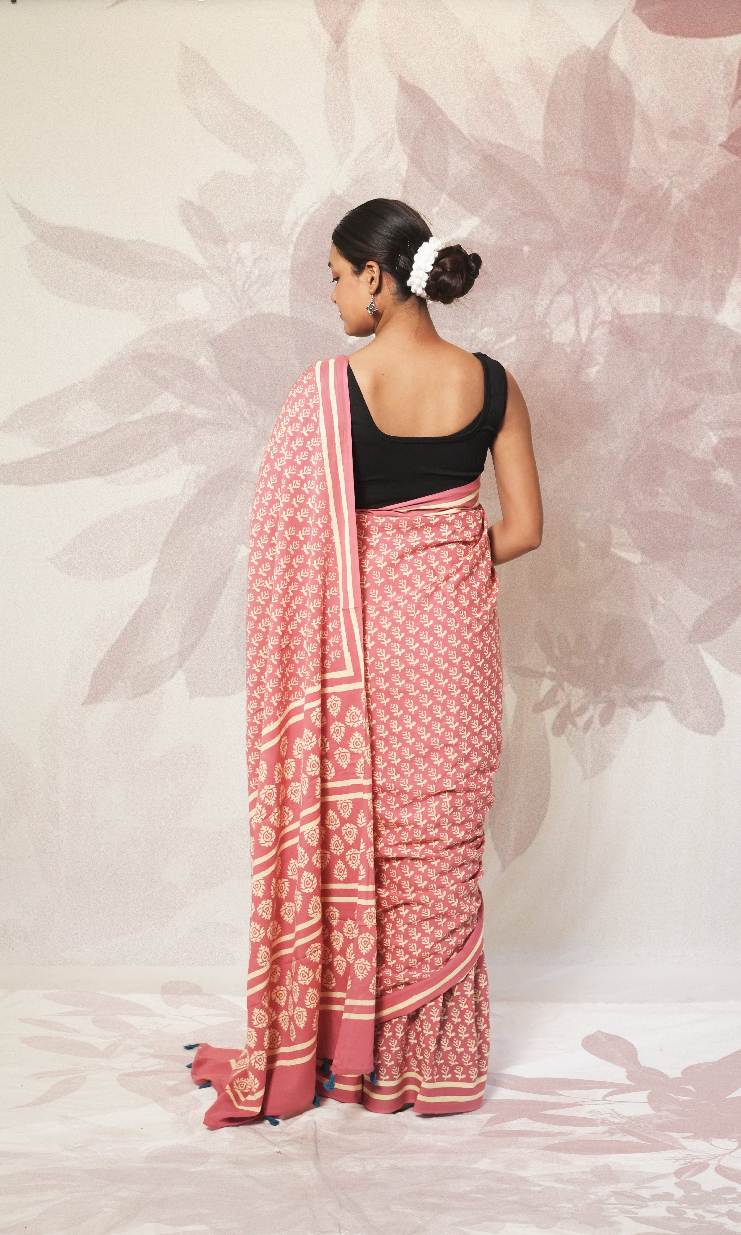 Light Pink Block Print Cotton Mulmul Saree And Blue Blouse