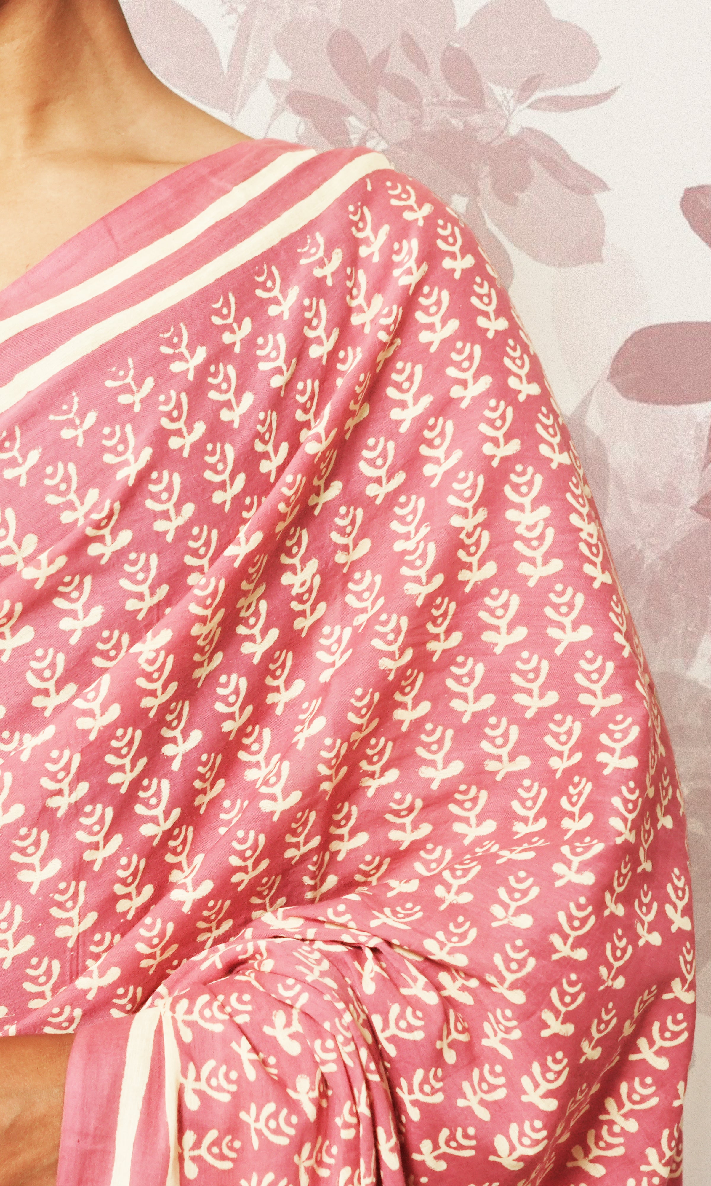 Light Pink Block Print Cotton Mulmul Saree And Blue Blouse