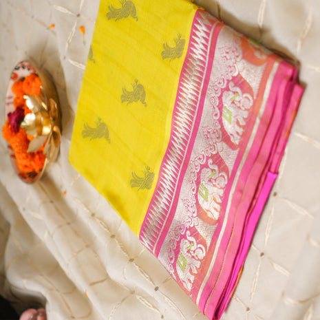 Yellow And Pink Pure Venkatagiri Silk Saree