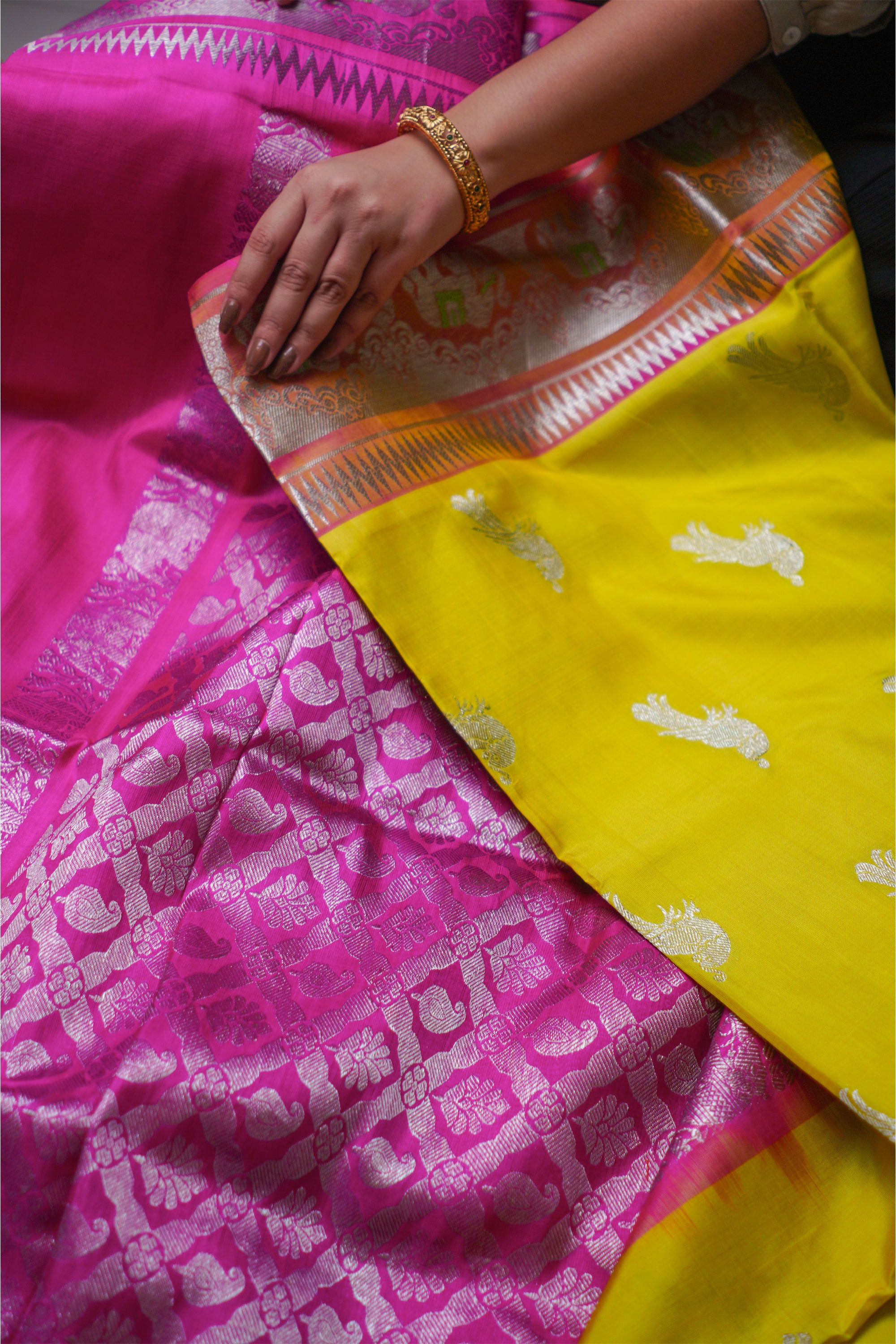 Yellow And Pink Pure Venkatagiri Silk Saree
