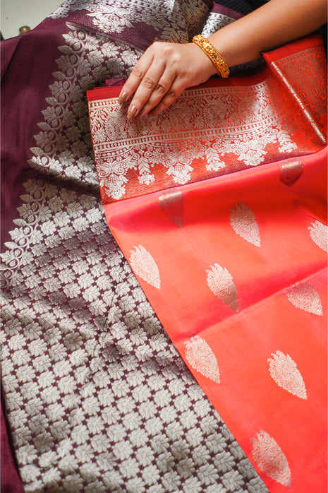 Orange And Brown Pure Venkatagiri Silk Saree