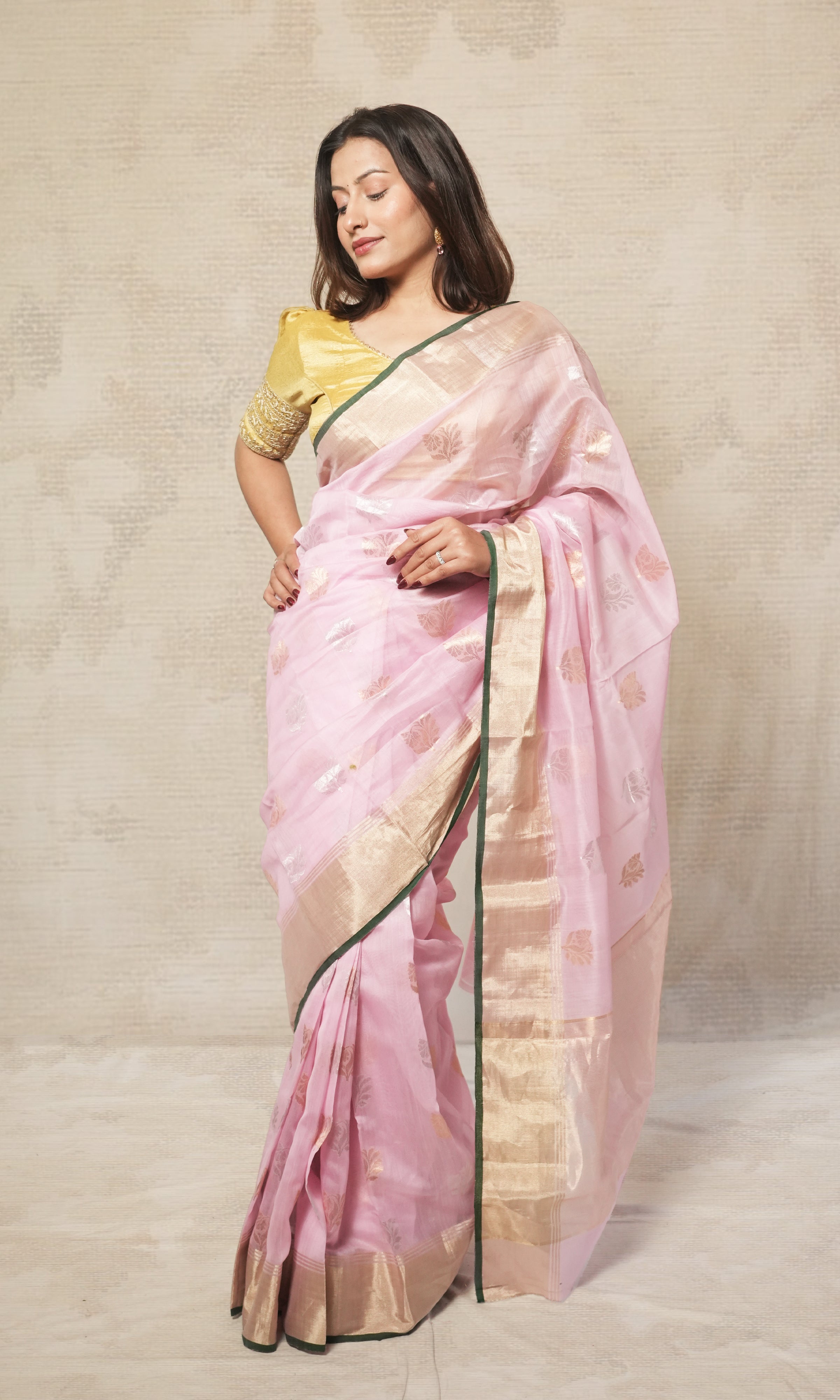 Baby Pink And Gold Chanderi Saree