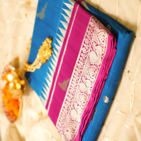 Blue And Magenta Pure Venkatagiri Silk Saree