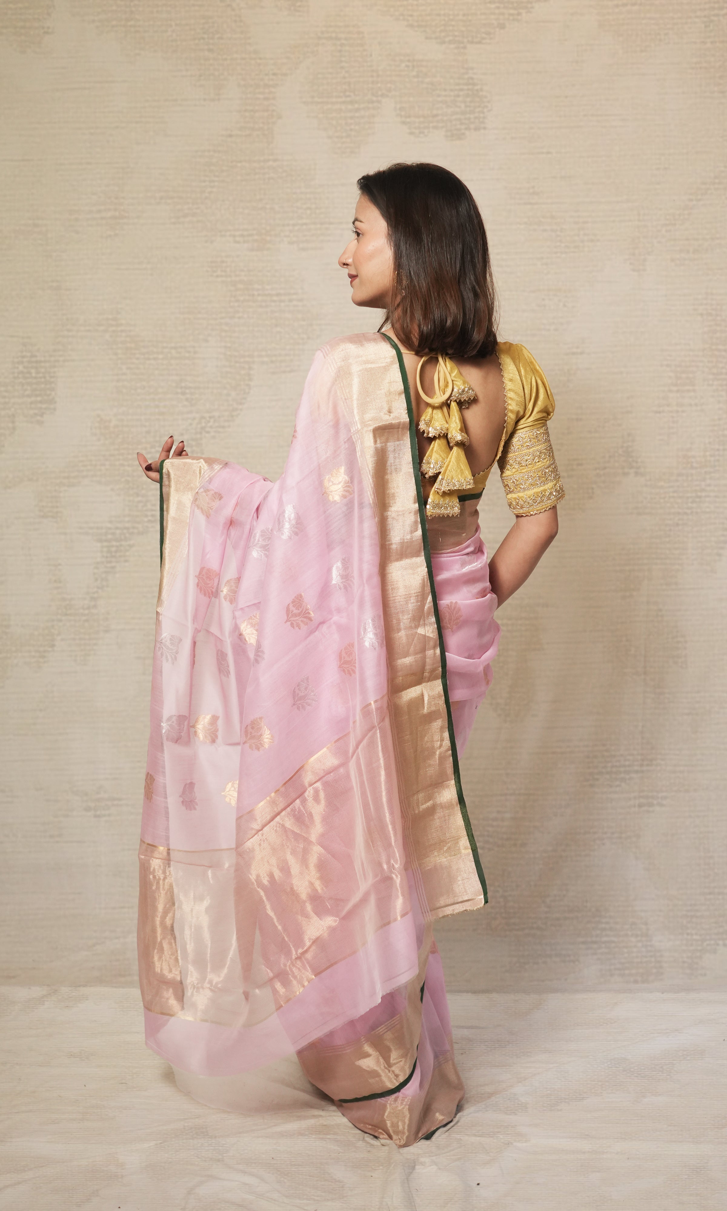 Baby Pink And Gold Chanderi Saree