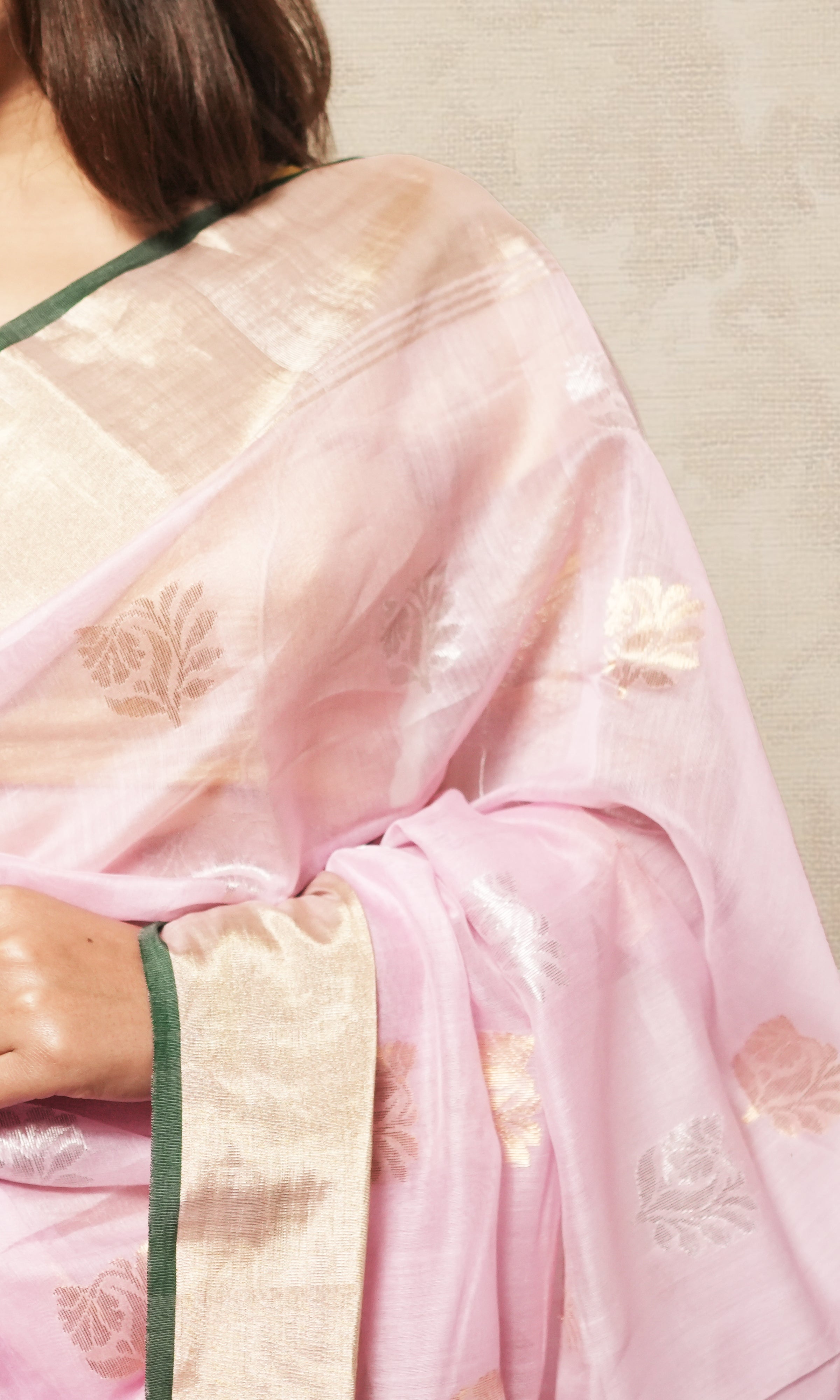 Baby Pink And Gold Chanderi Saree
