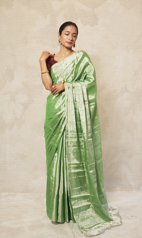 Mint Green With Contrast Blouse Chanderi Tissue Silk Saree