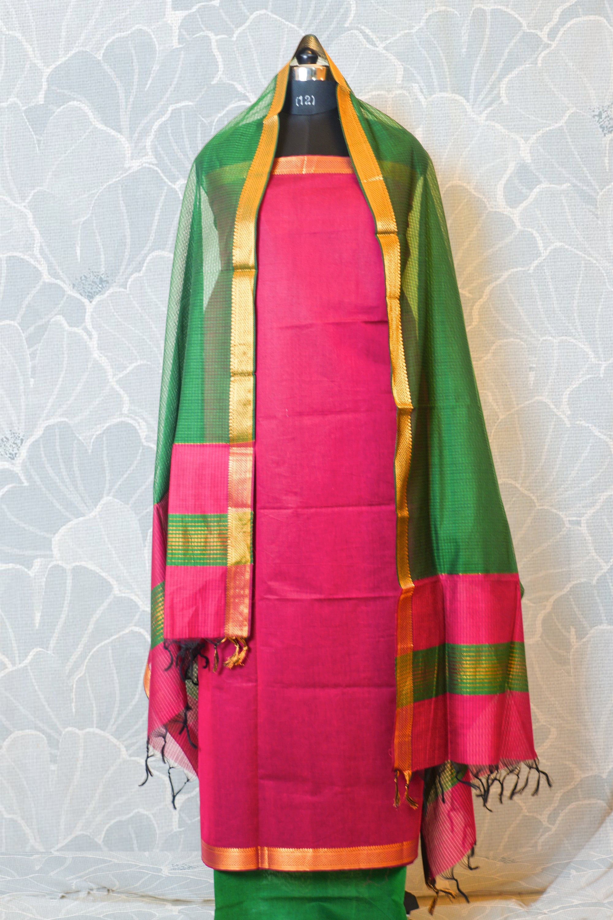 Peach & Yellow Mangalgiri Cotton Dress Material