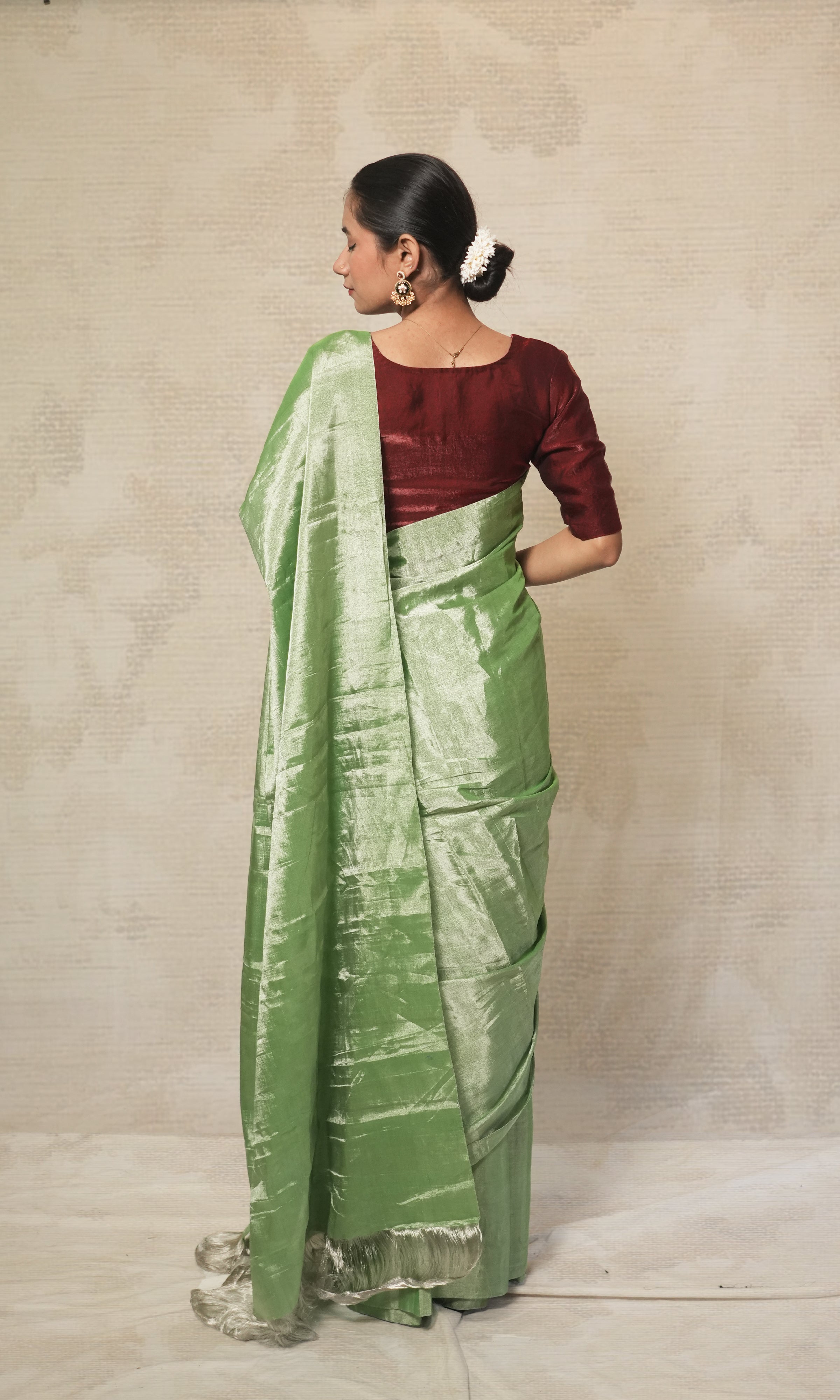 Mint Green With Contrast Blouse Chanderi Tissue Silk Saree