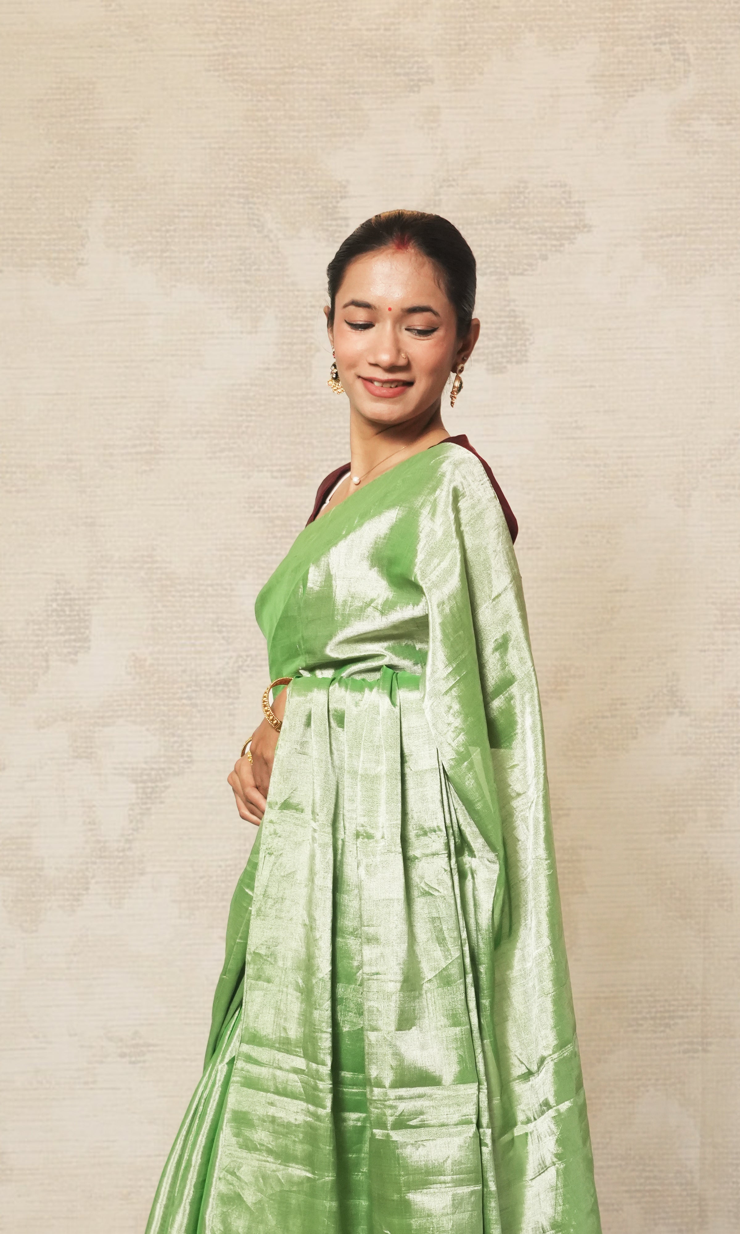 Mint Green With Contrast Blouse Chanderi Tissue Silk Saree