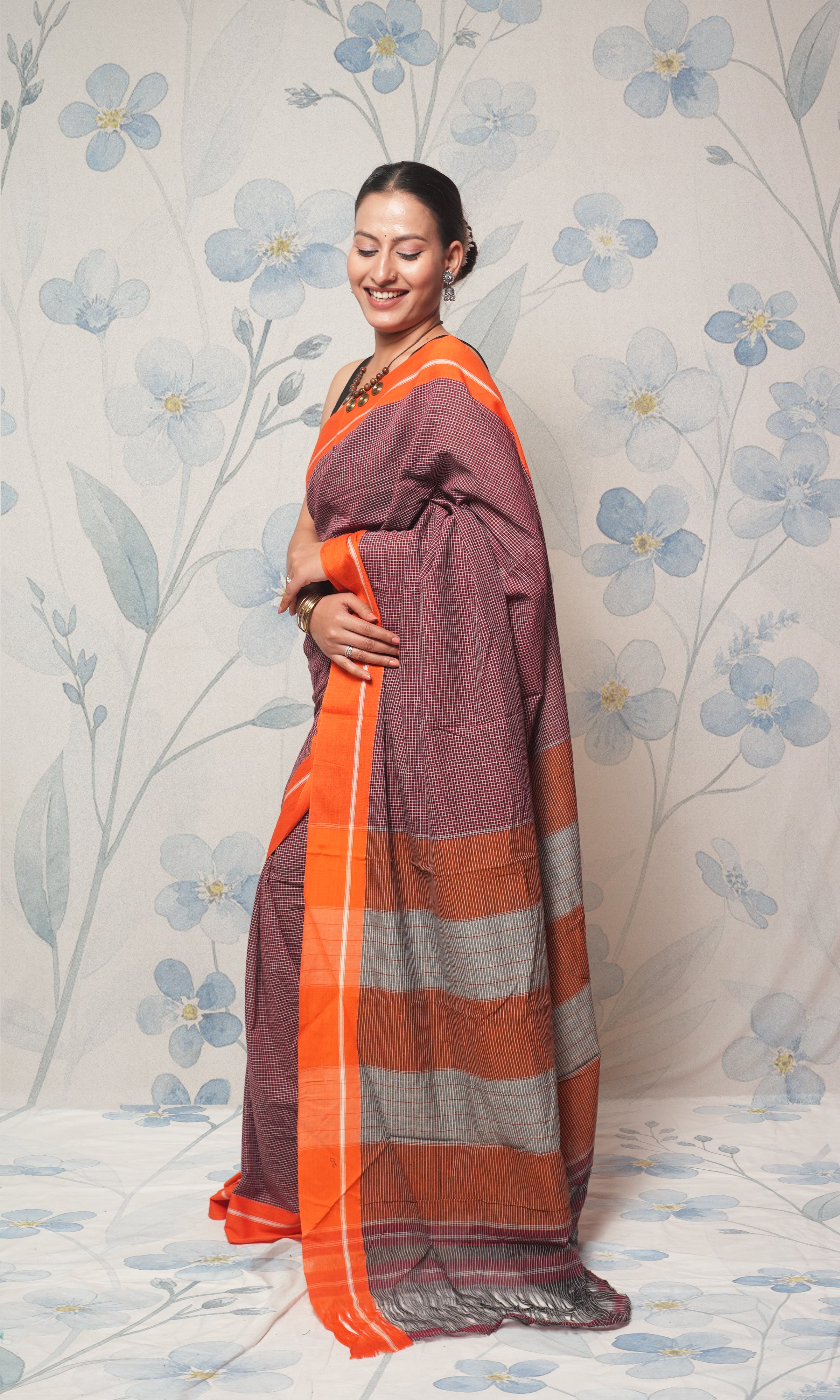 Earthy Maroon And Orange Patteda Anchu Cotton Saree