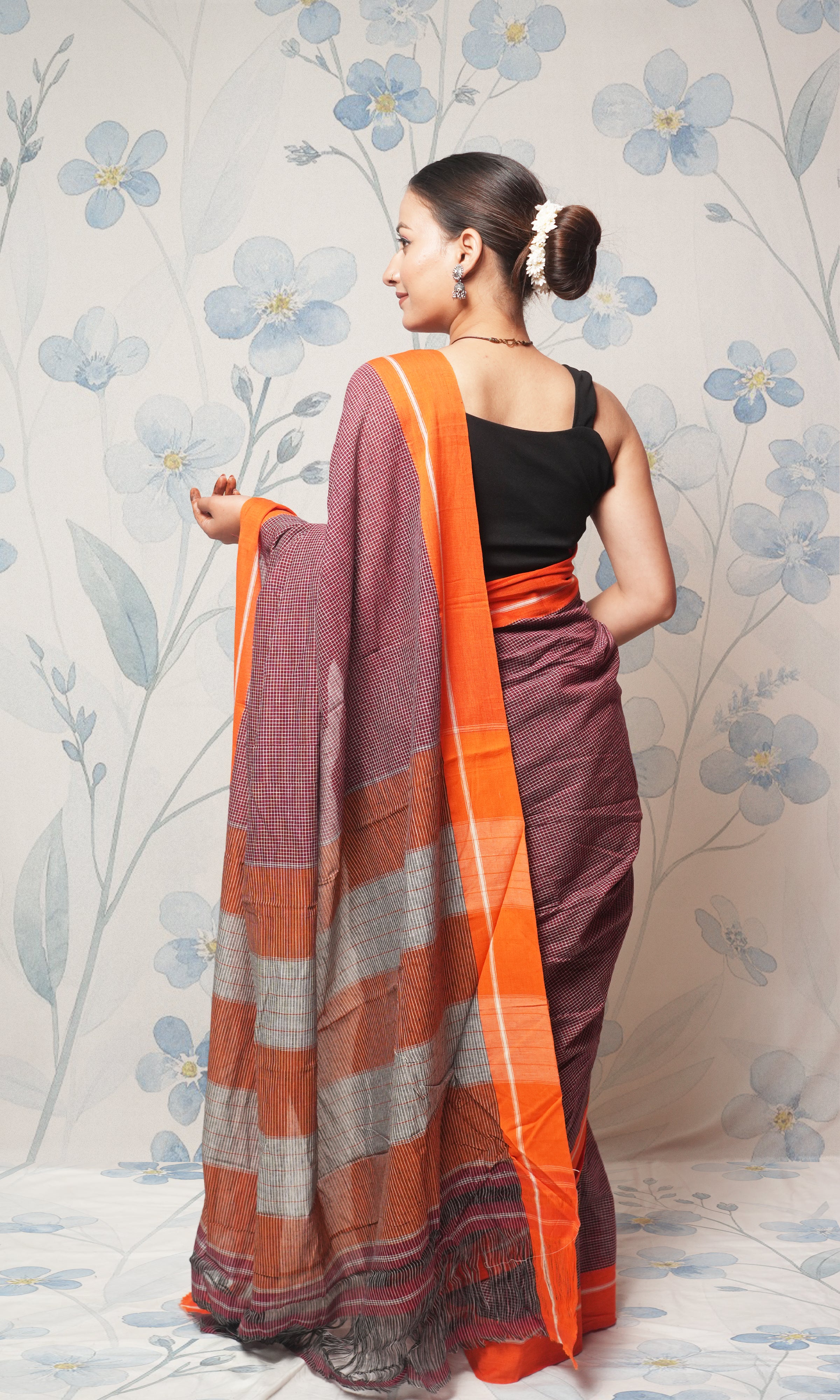 Earthy Maroon And Orange Patteda Anchu Cotton Saree