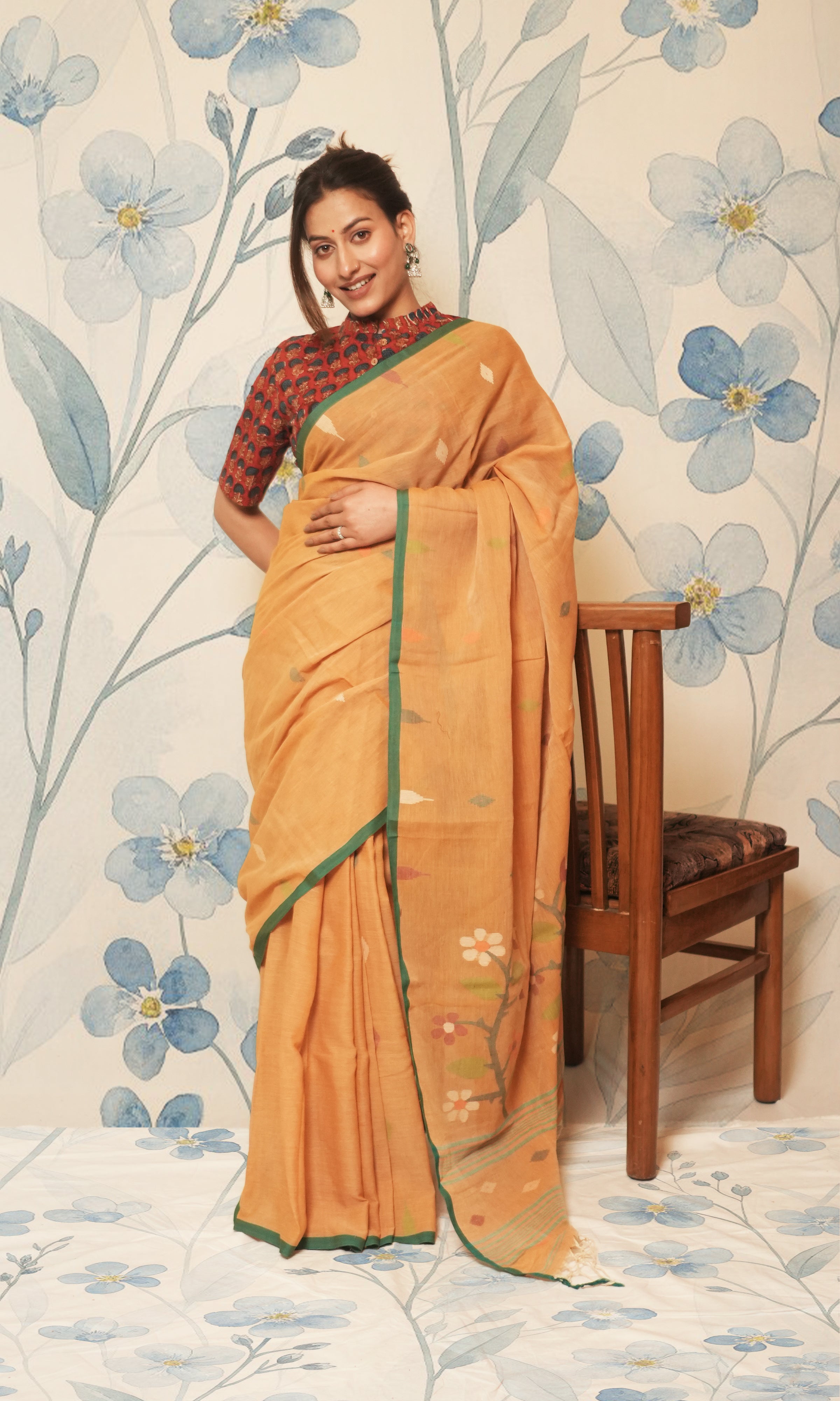 Light Brown And Green Cotton Jamdani Saree