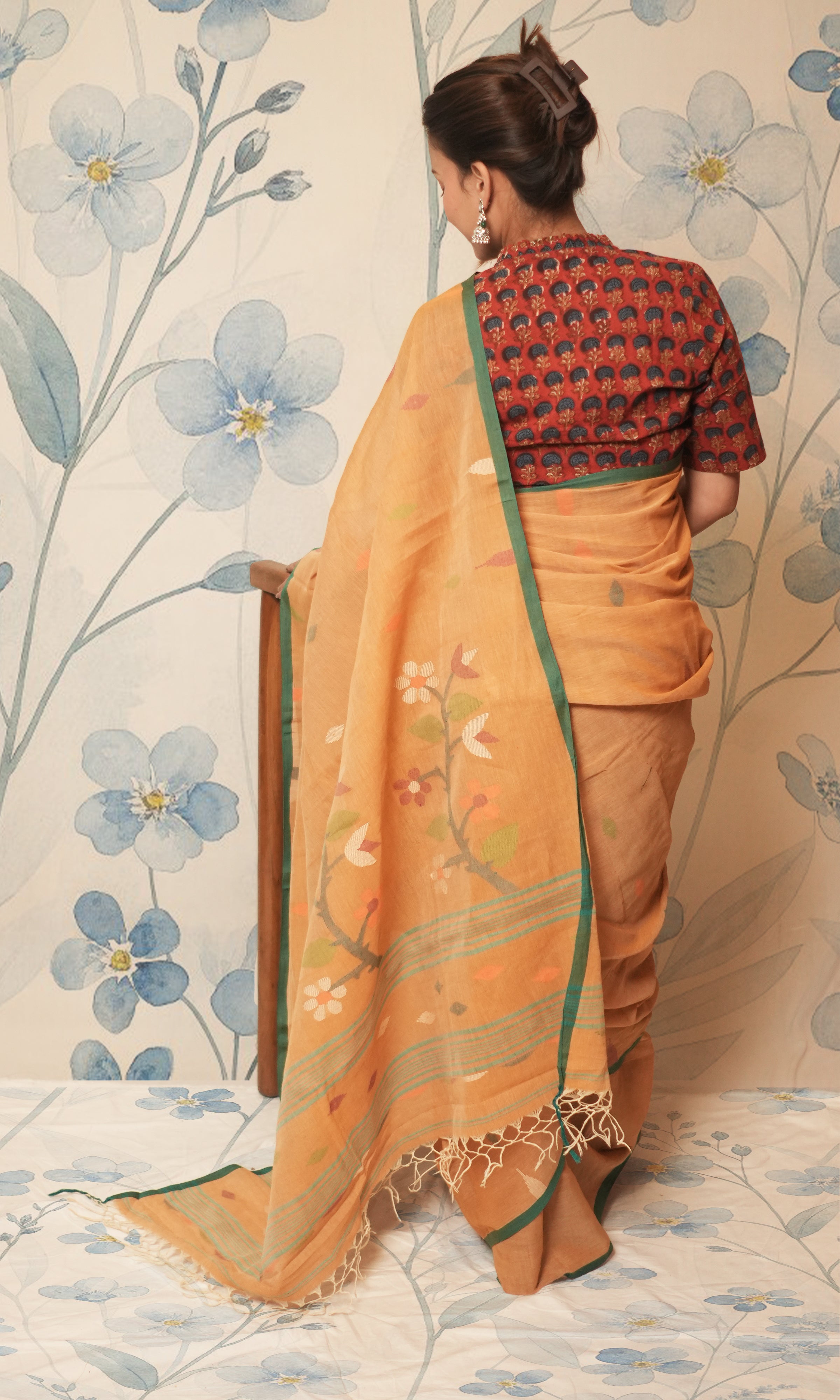 Light Brown And Green Cotton Jamdani Saree