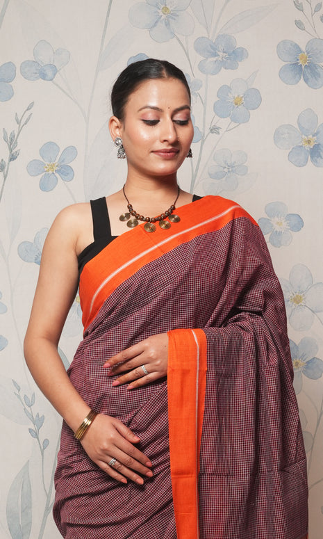 Earthy Maroon And Orange Patteda Anchu Cotton Saree