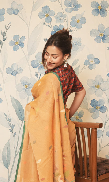 Light Brown And Green Cotton Jamdani Saree