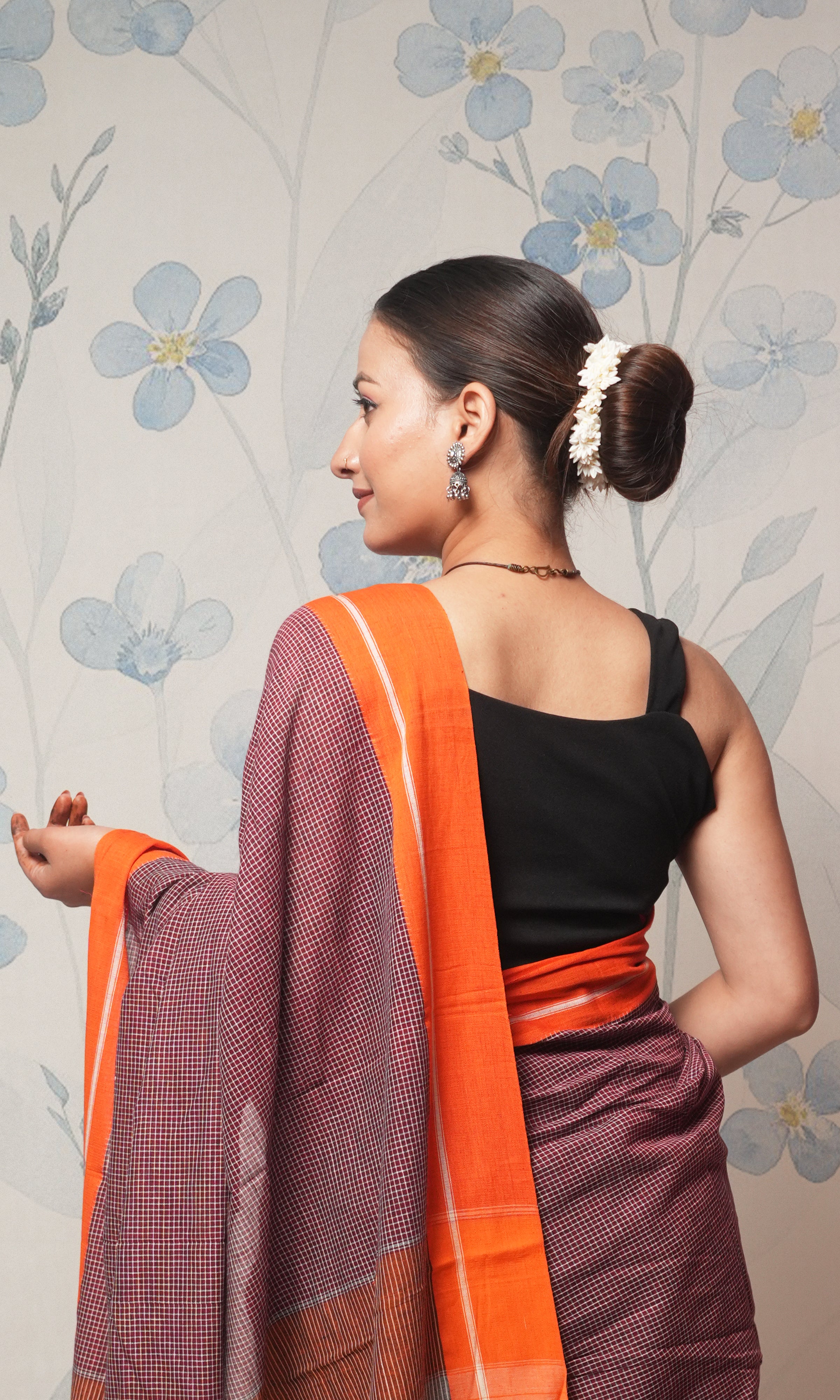Earthy Maroon And Orange Patteda Anchu Cotton Saree