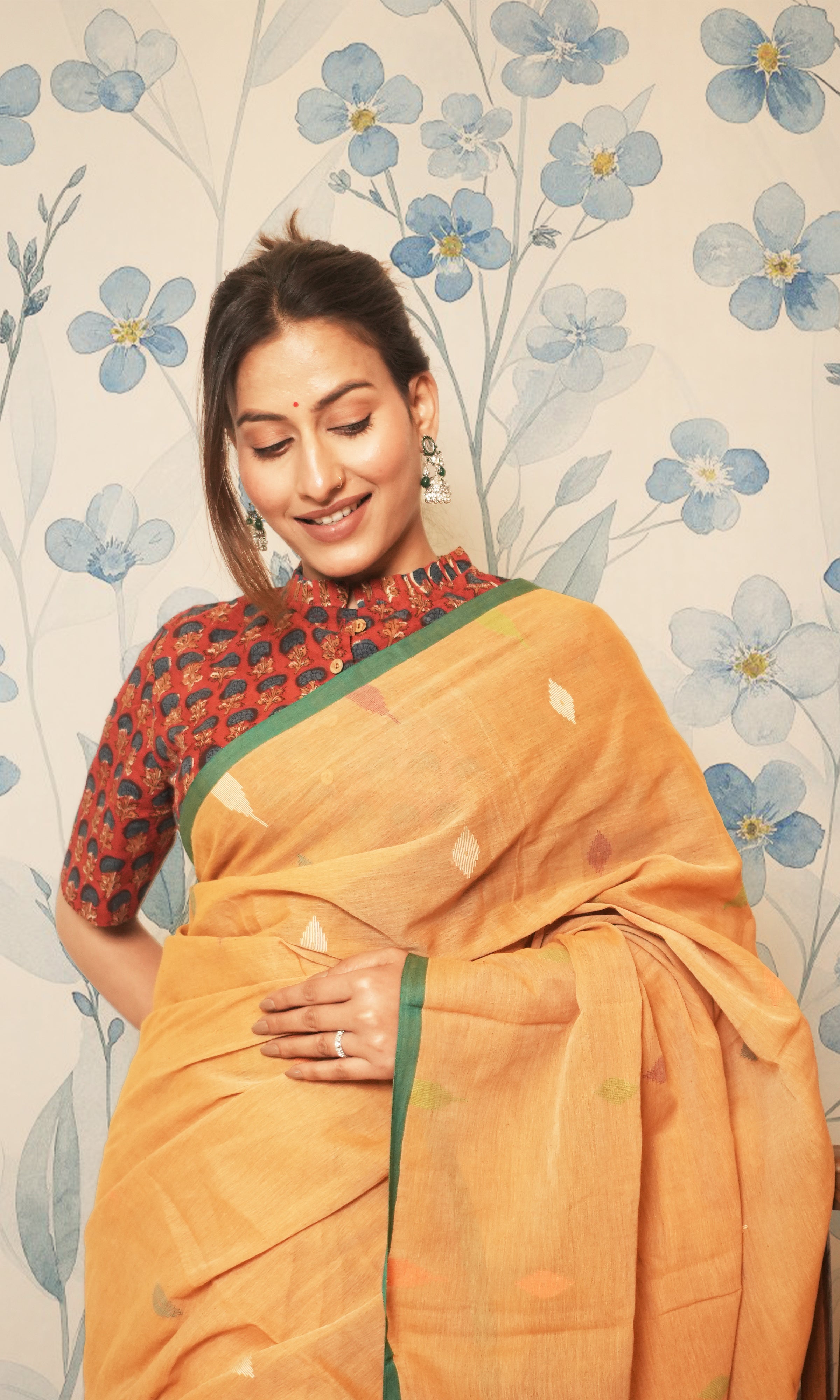 Light Brown And Green Cotton Jamdani Saree