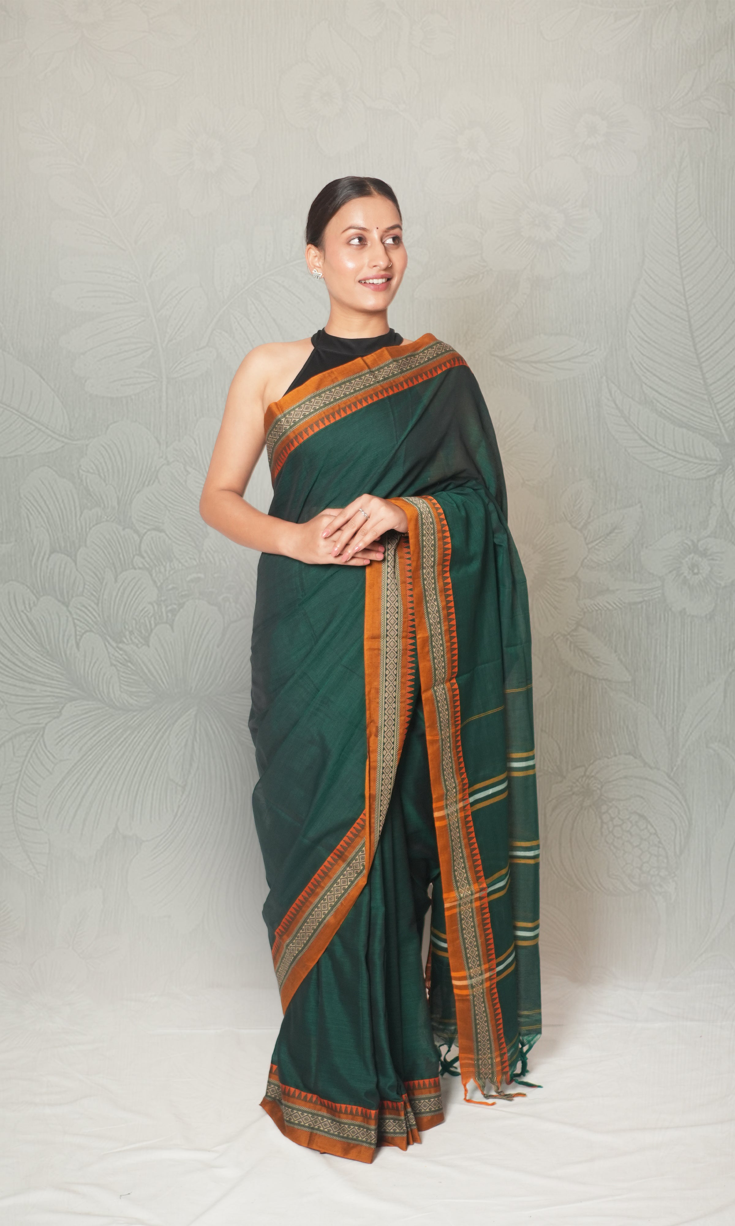 Bottle Green & Yellow Cotton Saree With Blouse Piece