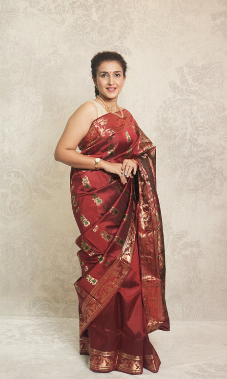 Deep Maroon With Zari Work Swarnchari Silk Saree With Blouse Piece