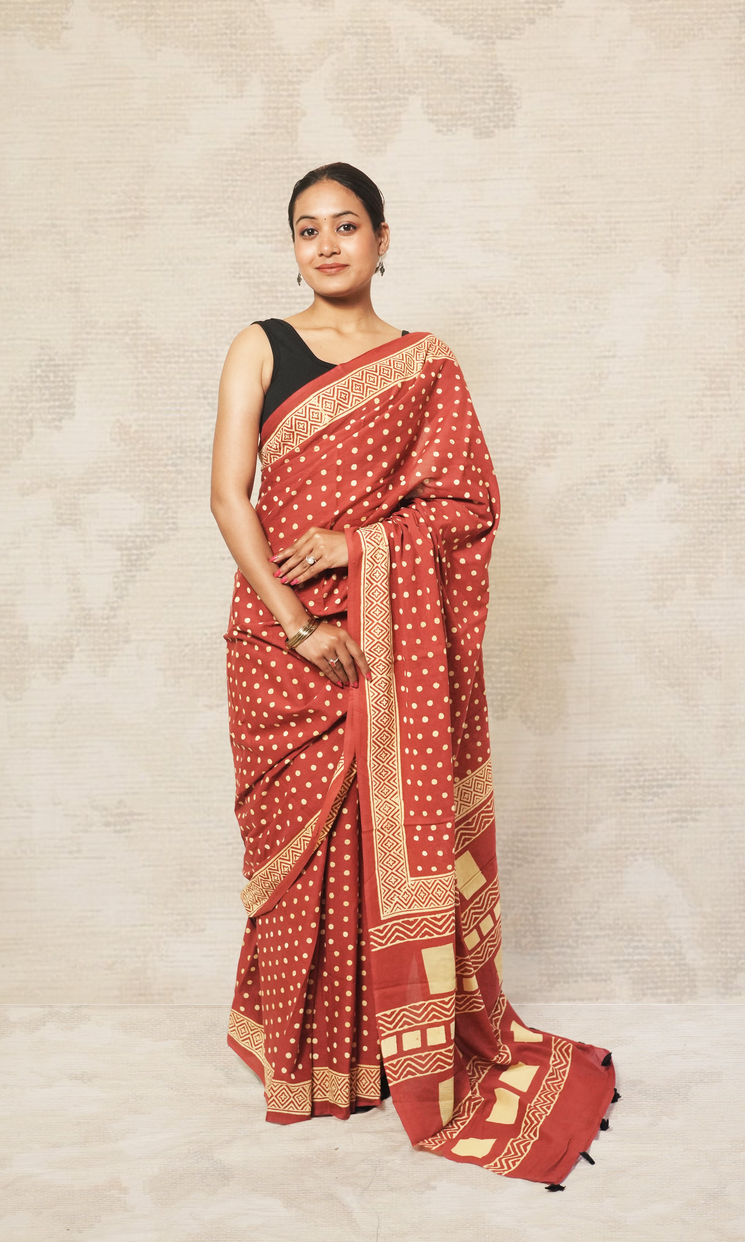 Red Block Print Cotton Mulmul Saree And Black Blouse
