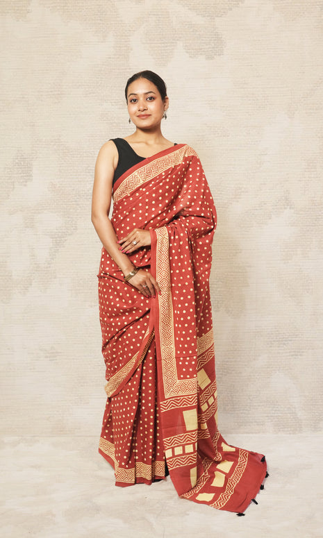 Red Block Print Cotton Mulmul Saree And Black Blouse
