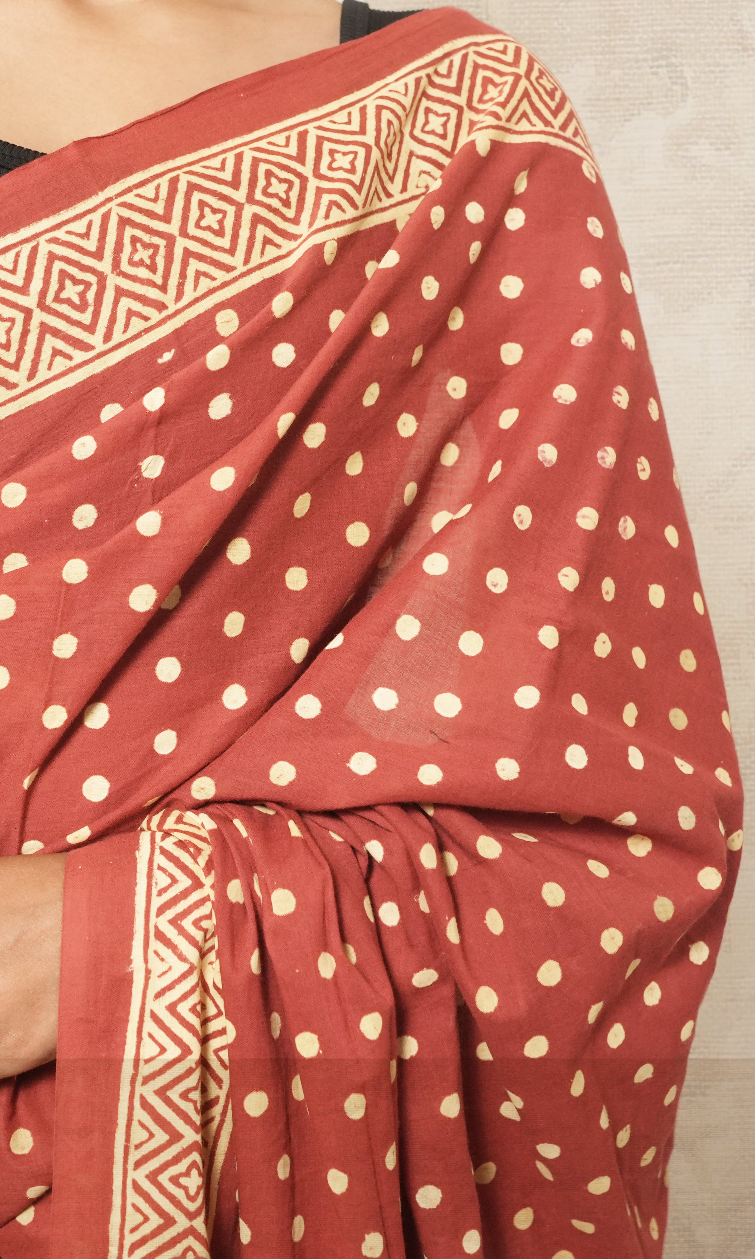 Red Block Print Cotton Mulmul Saree And Black Blouse