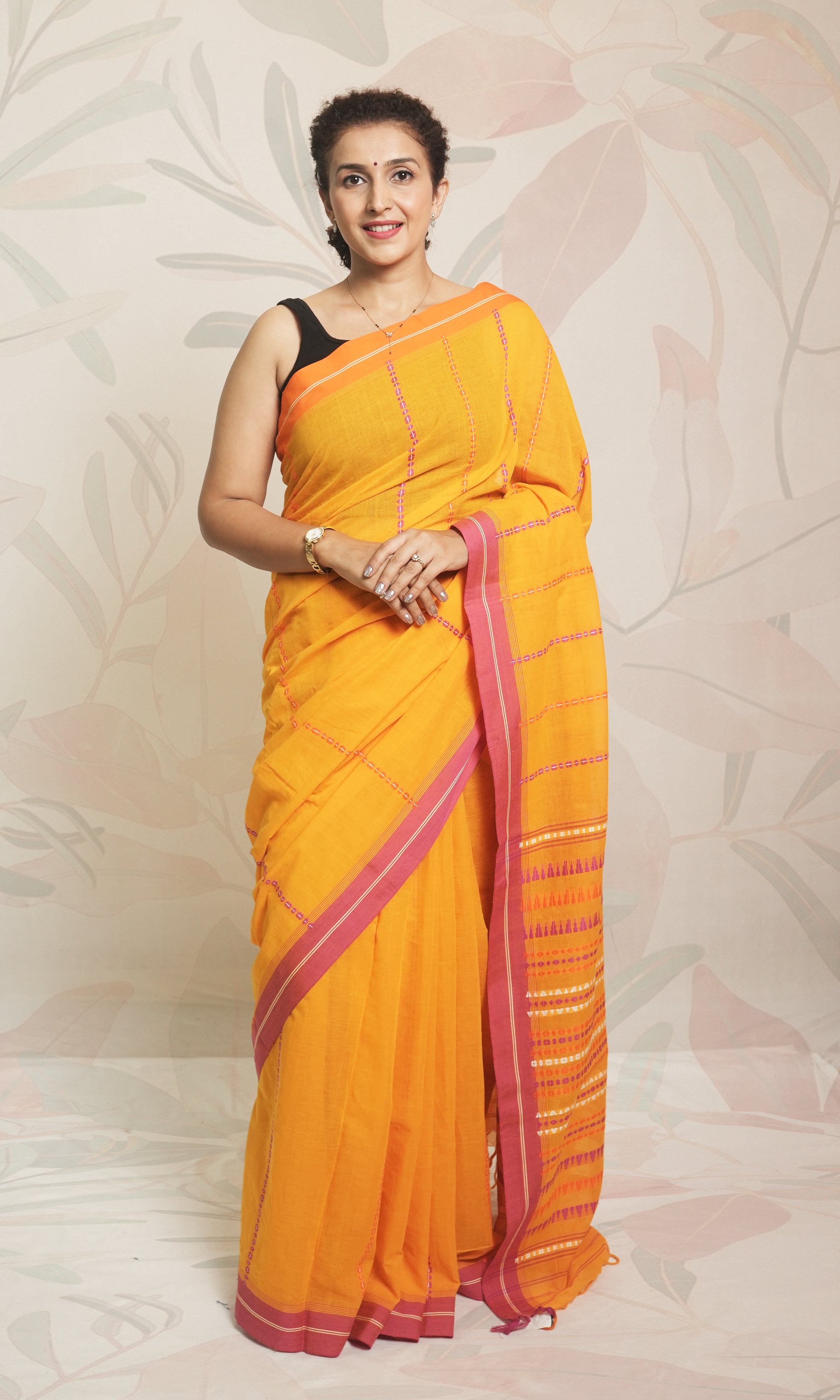 Yellow, Pink & Orange Begumpuri Cotton Saree Without Blouse Piece