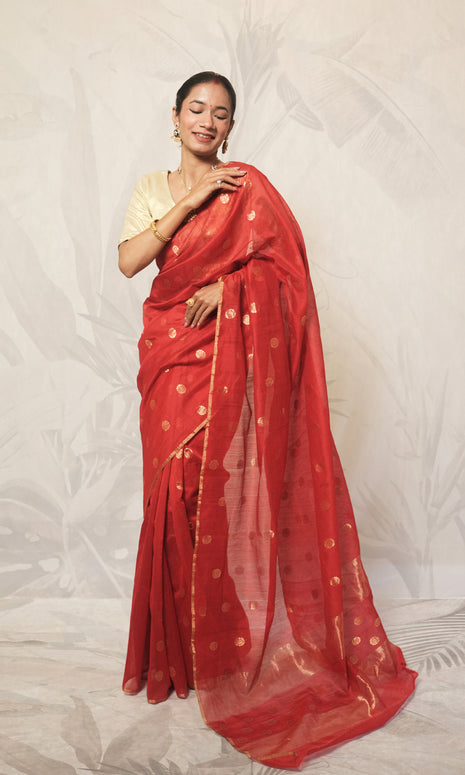 Red And Gold Mohar Chanderi Silk Saree