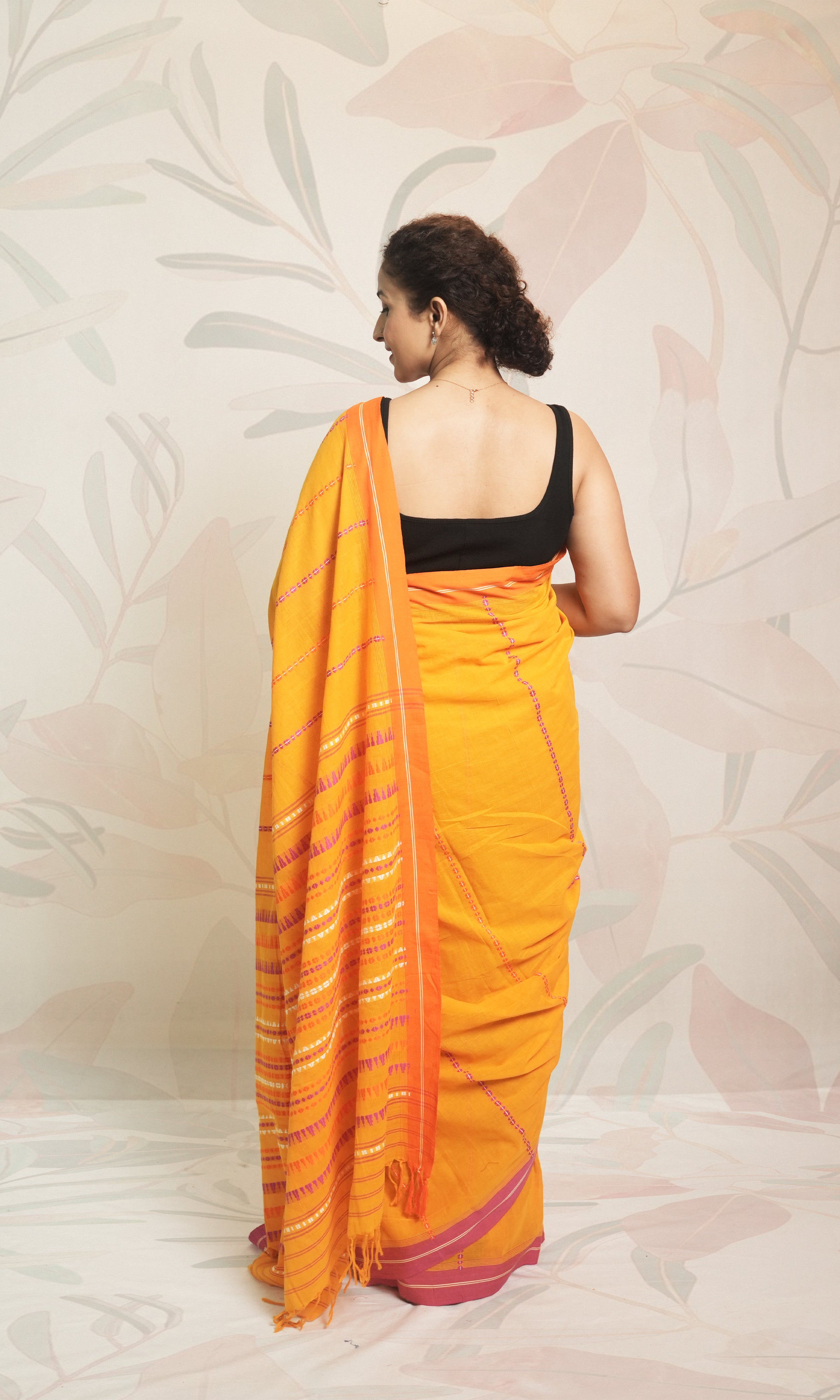 Yellow, Pink & Orange Begumpuri Cotton Saree Without Blouse Piece